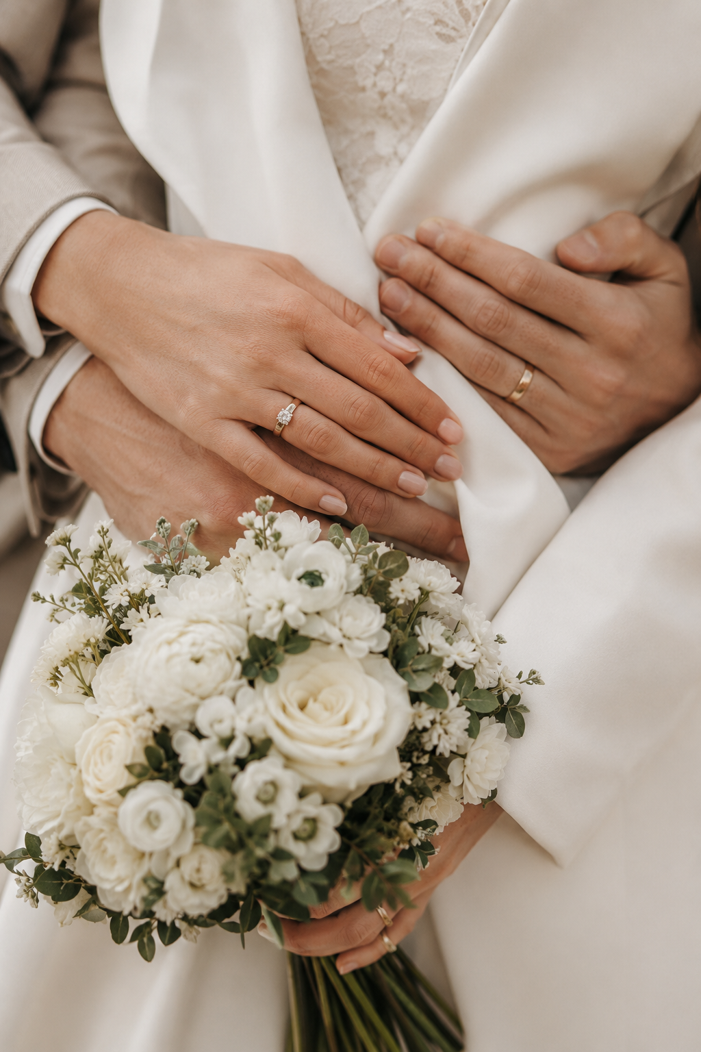 Groom embracing his bride